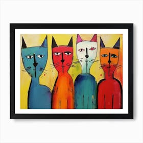 The Four Cats Acrylic Painting In The Style Of Chromat 1 Art Print