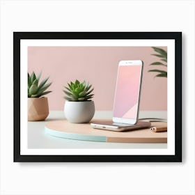 A Modern, Minimalist Image Of A Smartphone With A Blank Screen, Placed On A Wireless Charging Stand 1 Art Print