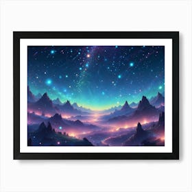 A Fantasy Landscape Of Snow Capped Mountains Bathed In Colorful Starlight, With Glowing Lights Scattered Across The Terrain And A Clear Night Sky Above Art Print