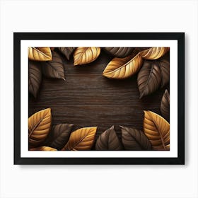 Golden And Brown Leaves And Feathers On Wooden Brown Background On 3d Art Print