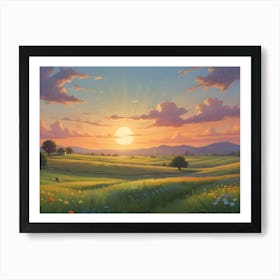 A Vast, Rolling Landscape With Wildflowers And A Large Sun Setting In The Distance Art Print