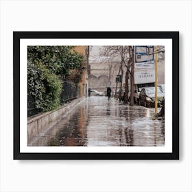 The Girl With The Umberella In The Rainy Streets Of Rome Italy Art Print