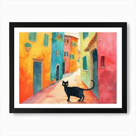 Black Cat In Cesena, Italy, Street Art Watercolour Painting 4 Art Print