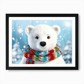 Illustration Of A Fluffy White Polar Bear Cub Adorned In A Handcrafted Knit Cap And Scarf Exuding C Art Print