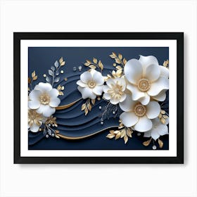 3d Artwork Illustration White and Blue Background with Golden Jewelry and Flowers in Black Design 1 Art Print