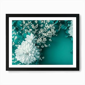 Hyper Realistic Abstract Teal And White Of Spring Flowers, Cozy Minimalistic Luxurious Living With Flowers Art Print