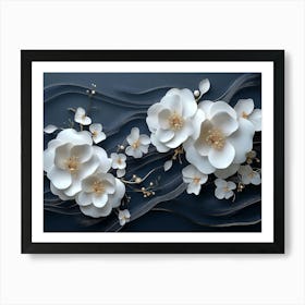 3d Artwork Illustration White and Blue Background with Golden Jewelry and Flowers, In Black Design Art Print