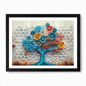 Turquoise Tree On Oak Wood with a White Lattice, Colorful Hexagonal Florals Art Print