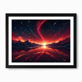 A Surreal Sunset Over A Mountainous Landscape With A Fiery Sky Filled With Shooting Stars, Reflected In A Serene Lake Art Print