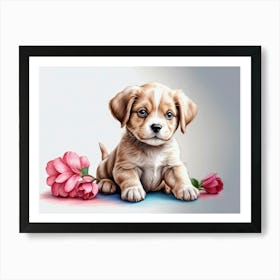 Puppy With Flowers Art Print