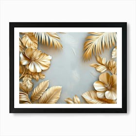 Gold Floral Plants and Palm Leaves Abstract Tropical Leaves Art Print