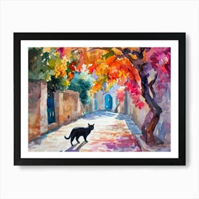 Bodrum, Turkey   Black Cat In Street Art Watercolour Painting 2 Art Print