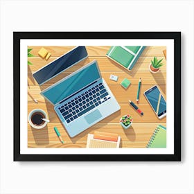 A Flat Lay Image Of A Wooden Desk With A Laptop, Tablet, Phone, Coffee Mug, Plants, Pencils, Pens, And Notebooks 1 Art Print