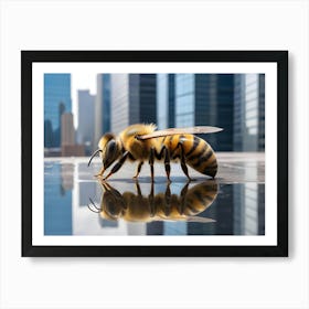 A Realistic Honeybee With Its Reflection Visible On A Wet, Reflective Surface Art Print