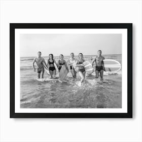 Surfers at the Beach, Vintage Black and White Old Photo Art Print