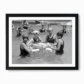 Women In Swimming Pool Playing Board Game, Vintage Black and White Old Photo Art Print