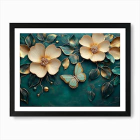 3d Gold and Green Flowers with Butterfly Painting Art Print