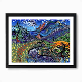Psychedelic Landscape Mountain And Valley Colorful Nature Art Trippy Boho Art Print