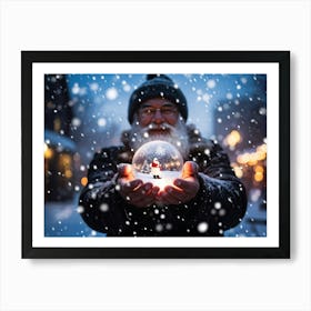 A Snowy Holiday Evening Time Scene Featuring A Man Holding A Luminous Orb That Glimmers With Encapsu (2) Art Print