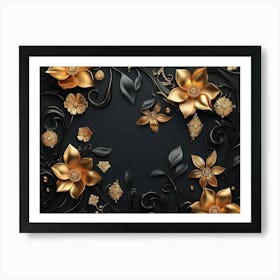 Gold Flowers On Black Background 3 Art Print