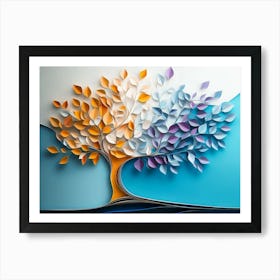 Colorful Tree With Leaves On Hanging Branches Of Blue, White And Golden 1 Art Print