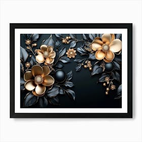 3d Golden Jewelry and Flowers in Black Design Art Print