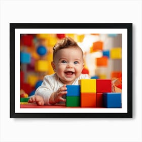 Baby Smiling Engaging With Vibrant Blocks Of Primary Colors Soft Focus Background Enhancing The Ch (4) Art Print