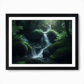 Discovering A Small Waterfall In The Verdant Woods Art Print