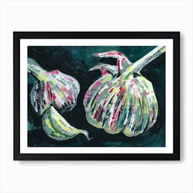 Garlic Cloves On Deep Green painting still life kitchen art food dark hand painted figurative classical modern Art Print