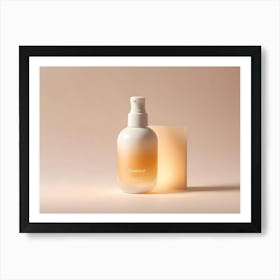 A Minimalist Image Of A White, Cylindrical Bottle With A Pump Dispenser, Set Against A Soft Peach Background, Representing Beauty Products Or Skincare Art Print