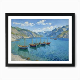 Sailing Through Nature's Majesty Boats In The Fjord Art Print