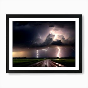 Lightning Over A Road Art Print