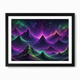 Mountain Range At Night With Glowing, Neon Green And Purple Peaks Under A Starry Sky And Aurora Borealis, Creating A Mesmerizing And Magical Landscape Art Print