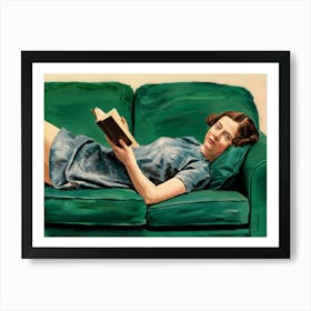 A Painting Of A Woman Lying On A Couch, Reading A Book Art Print