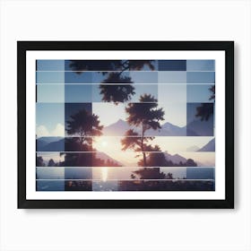 Abstract Image Of A Landscape With Mountains, A Lake, And Trees, With A Grid Overlay Art Print