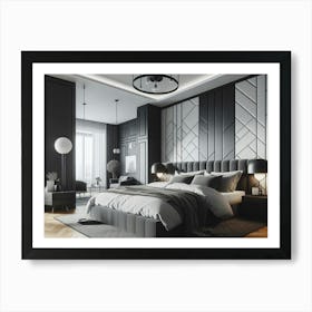 Contemporary bedroom interior design in black white and grey 1 Art Print