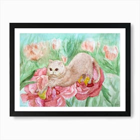 Cats Have Fun The Beige British Shorthair Cat On Pink Peony Flowers Art Print