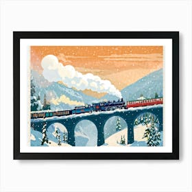 Vintage Winter Travel Poster Themed Digital Painting Featuring A Steam Train Its Chimney Releasing (1) Art Print