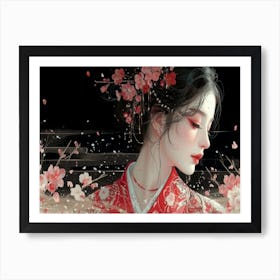 Geisha Grace: Elegance in Burgundy and Grey. Chinese Woman Art Print