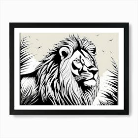 Lion Linocut Sketch Black And White art, animal art, 151 Art Print