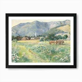 Landscape With Horses And Flowers Art Print