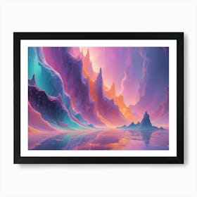 A Vibrant Fantasy Landscape Of Colorful, Wavy Mountains And Clouds, A Still Lake, And Sparkling Lights, Resembling A Dreamscape Or An Alien Planet Art Print