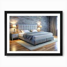 Bedroom Interior With Grey Bed, Brick Wall, And Wooden Flooring Art Print