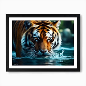 Close Up of a Tiger sneaking in Water as a Photo Realistic Painting Art Print