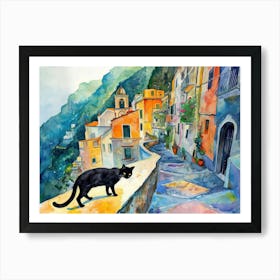 Amalfi, Italy   Black Cat In Street Art Watercolour Painting 2 Art Print