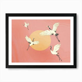 Pink Japanese flying birds across the sun Art Print