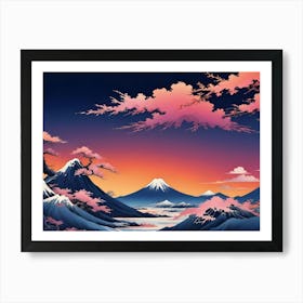 Japanese Mountain Landscape With Cherry Blossoms Art Print