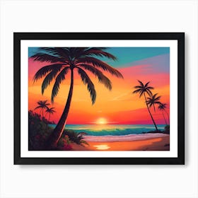 A Tranquil Beach At Sunset Horizontal Illustration 1 Art Print