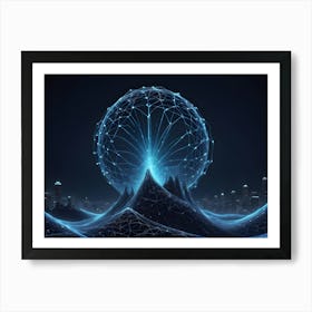 An Abstract Image Of A Futuristic Cityscape With A Glowing, Blue, Sphere Like Structure Hovering Over The City Art Print