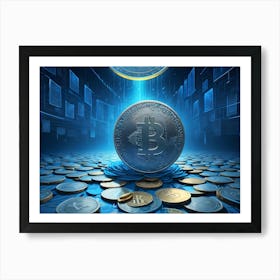 A Silver Bitcoin Coin Standing Tall On A Pile Of Various Cryptocurrency Coins, Set Against A Futuristic Blue Background With Glowing Lines And Data Charts Art Print